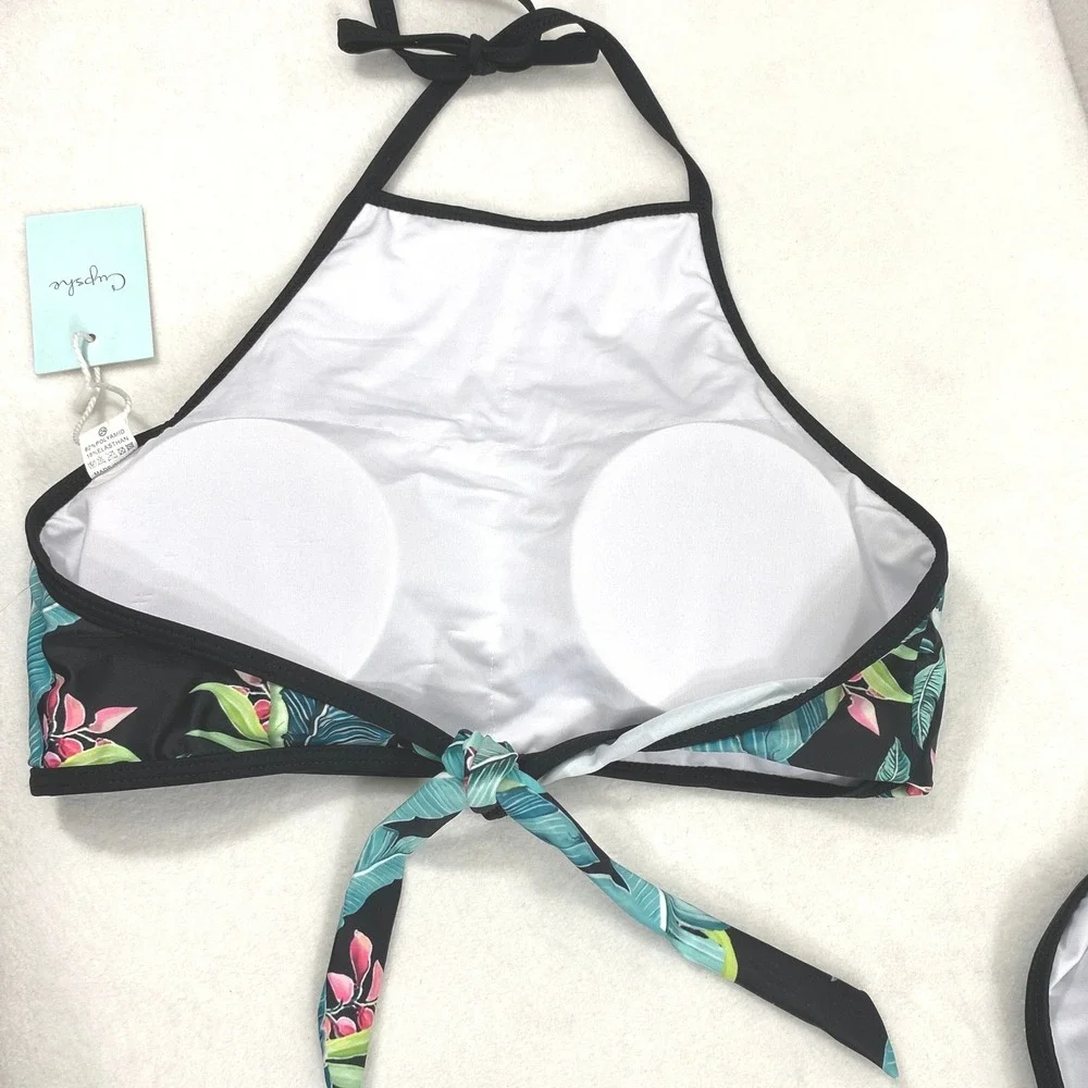 Cupshe Tropical Palm Leaf Bikini Set Women Large High Neck Halter Beach Swimwear